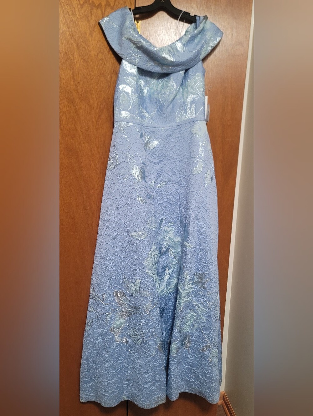 Teri Jon By Ricki Freeman Off Shoulder Light Blue Floral Jacquard Metalli Dress